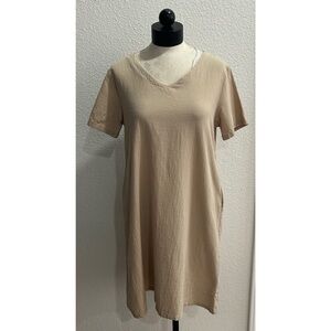 Audate Cotton Linen Tent Dress Size Medium Beige V-Neck Short Sleeve Lagenlook